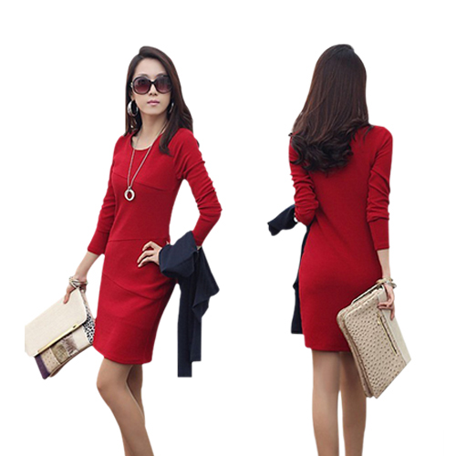 Women Long Sleeve Pleat Office Wear Dress Red