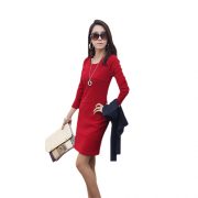 Women Long Sleeve Pleat Office Wear Dress Red