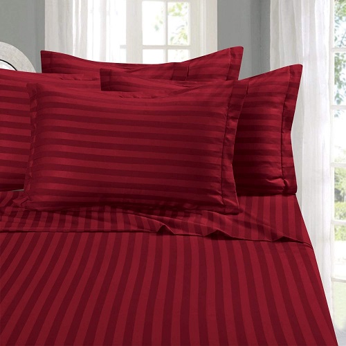 Burgundy 100% Cotton Stripe Bed Sheet Set