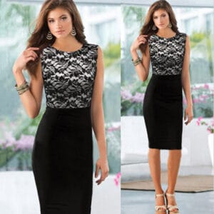 Women Patchwork Black Lace Maxi Dress