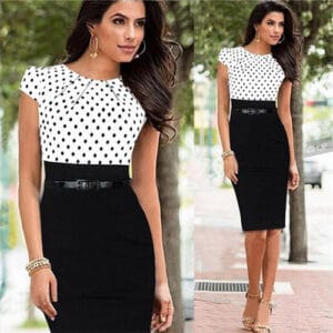 Women Sleeveless O-Neck Dot Print Office Business Dress White