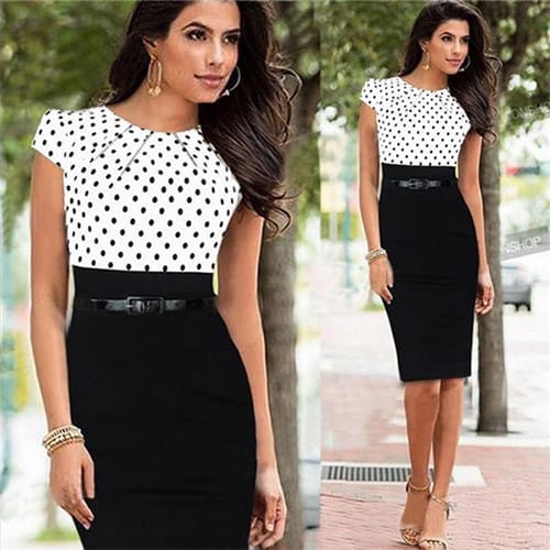 Women Sleeveless O-Neck Dot Print Office Business Dress White