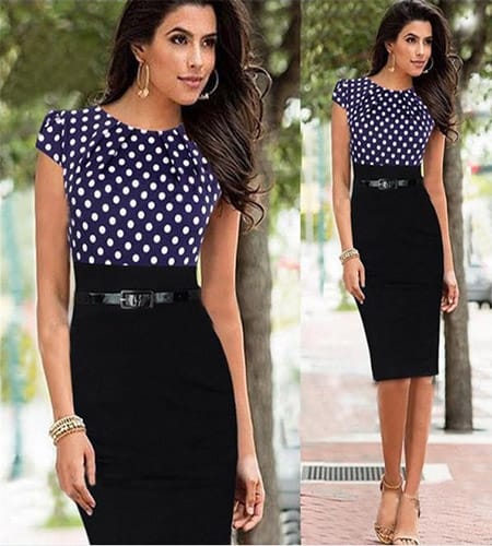 Women Sleeveless O-Neck Dot Print Office Business Dress Blue