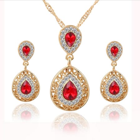 Charm Crystal Water Drop Pendant Jewelry Set Red