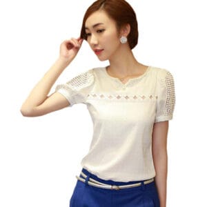 Women Lace Short Sleeve Chiffon Blouse Top