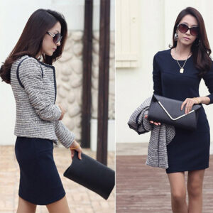 Women Long Sleeve Pleat Office Wear Dress Blue