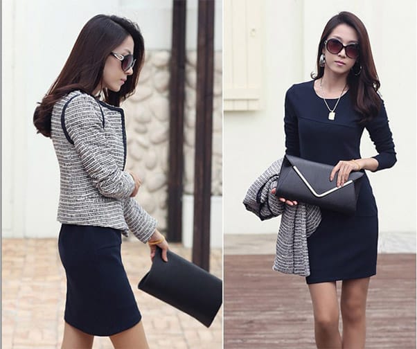 Women Long Sleeve Pleat Office Wear Dress Blue